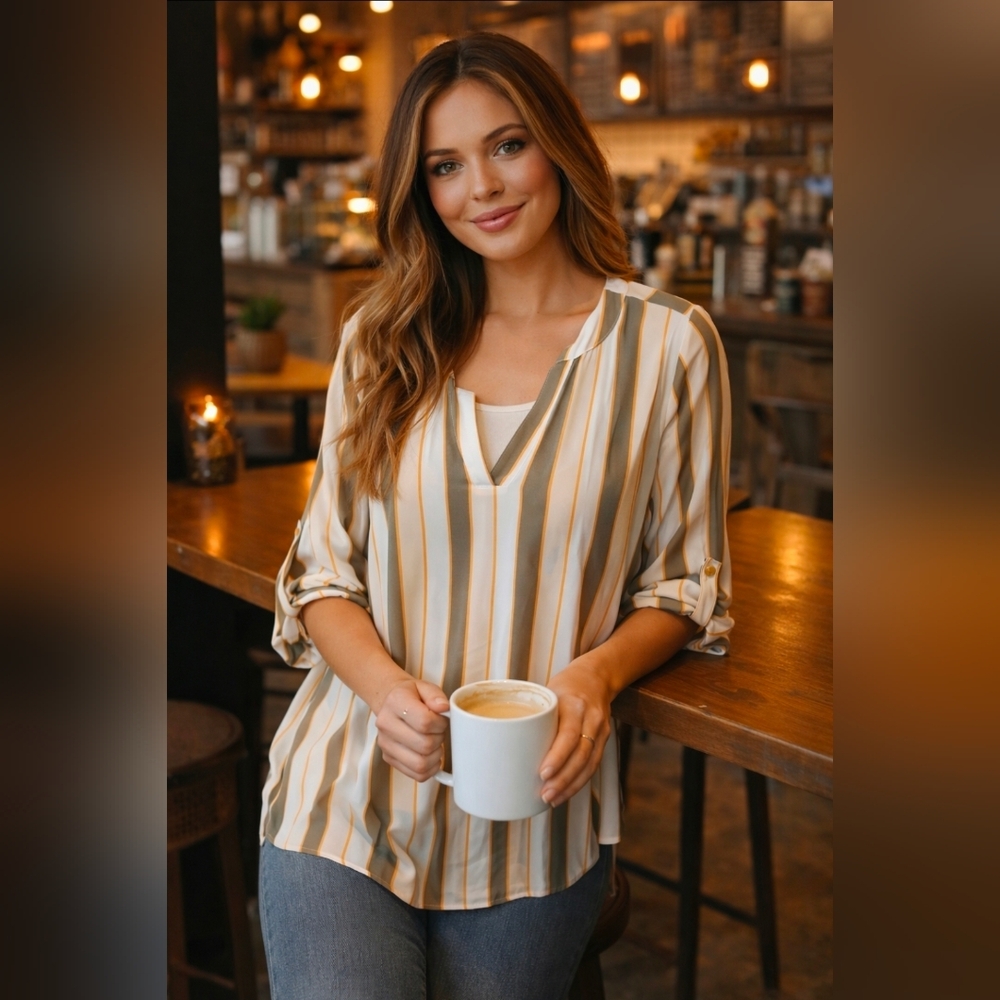 Cato Striped Hi Low Blouse Size M Neutral Olive Mustard Vertical Stripe